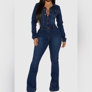 Sexy Dark Denim Long Sleeve Jumpsuit – Button Up | Bootcut- NWT